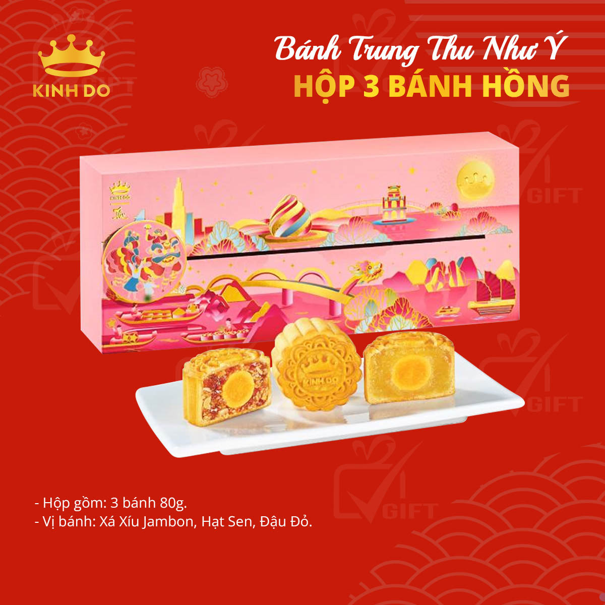Bánh Trung Thu Như Ý 3 Bánh Hồng - [Mã: THU3H]