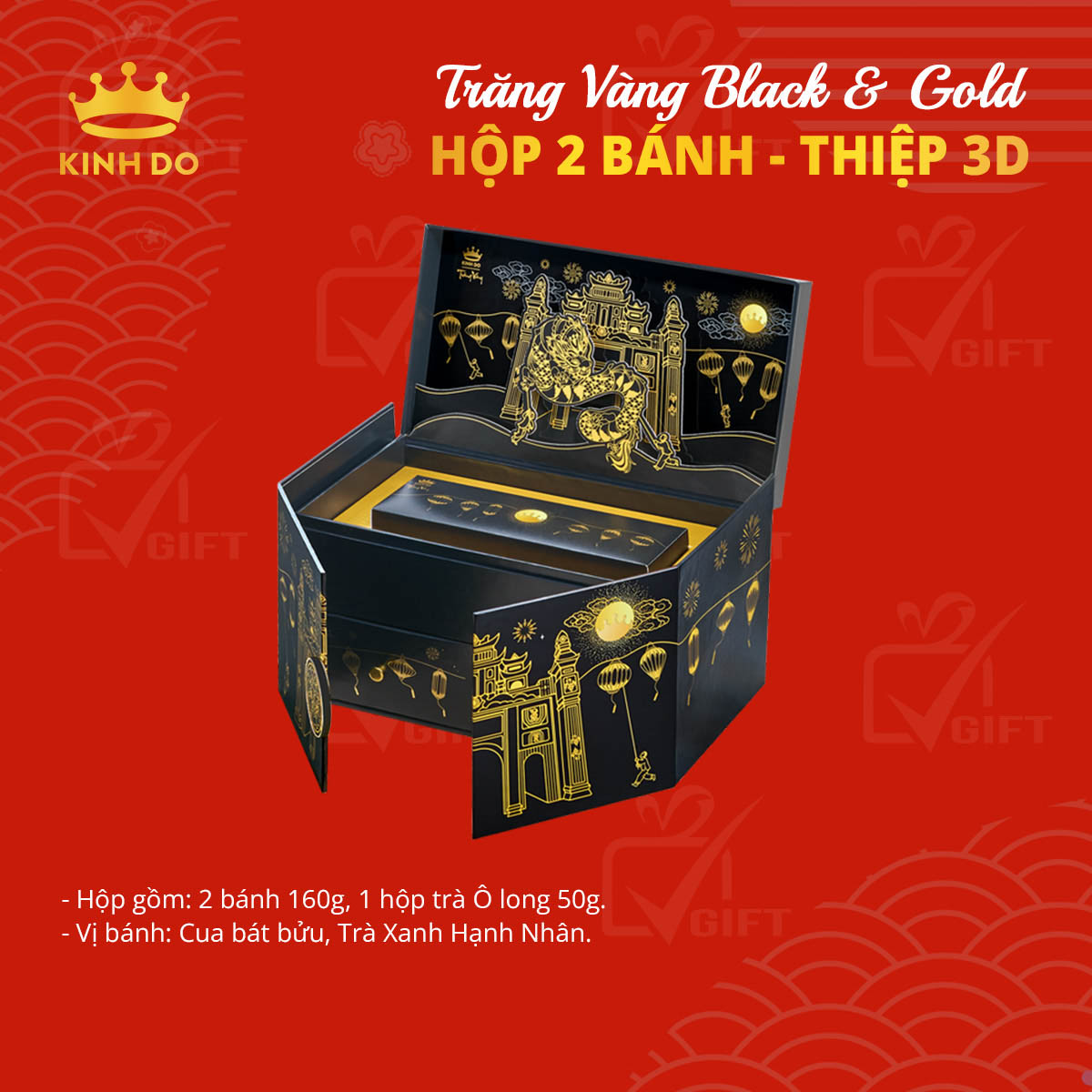 Bánh Trung Thu Kinh Đô Trăng Vàng Black & Gold - Hộp 2 Bánh - Thiệp 3D
