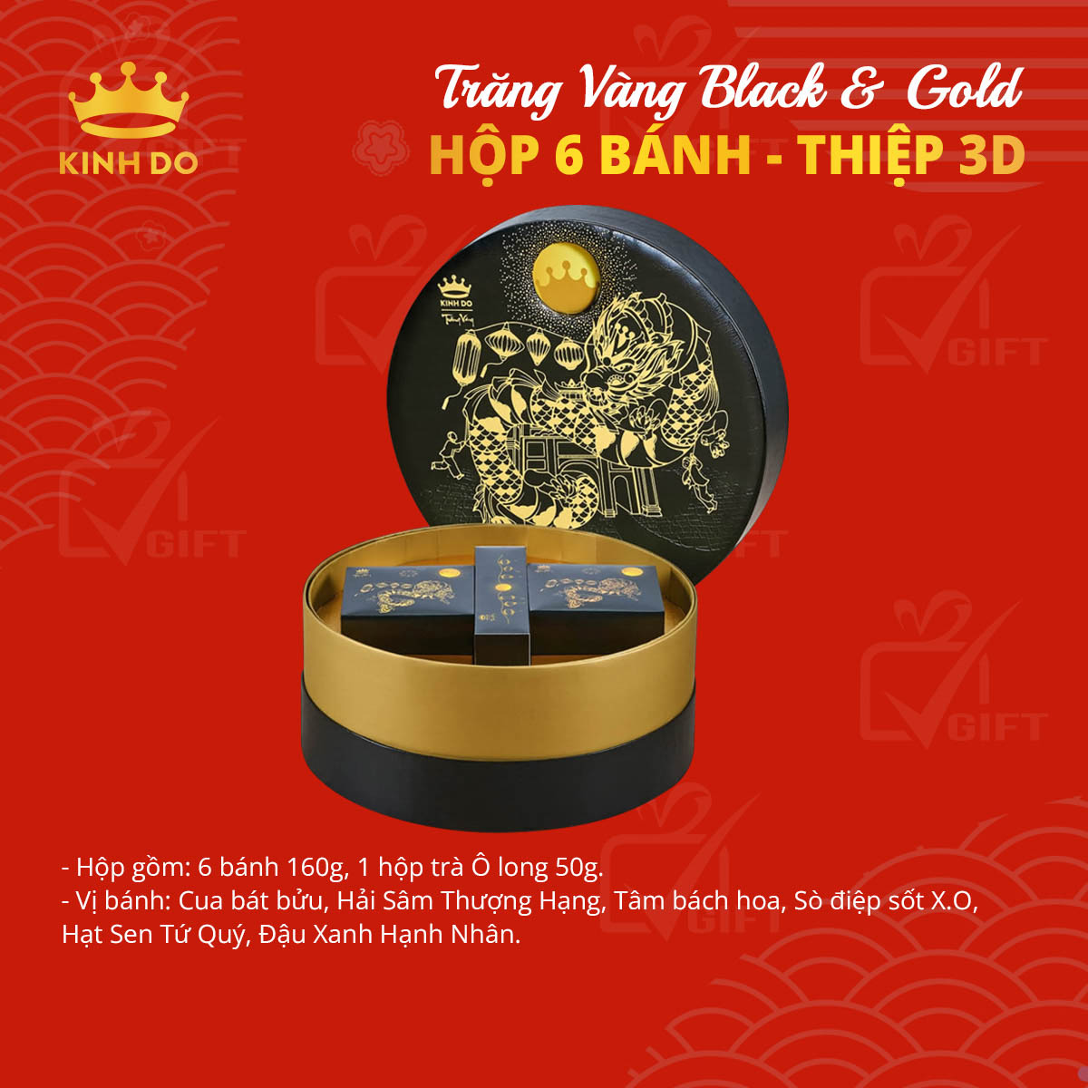 Bánh Trung Thu Kinh Đô Trăng Vàng Black & Gold - Hộp 6 Bánh - Thiệp 3D