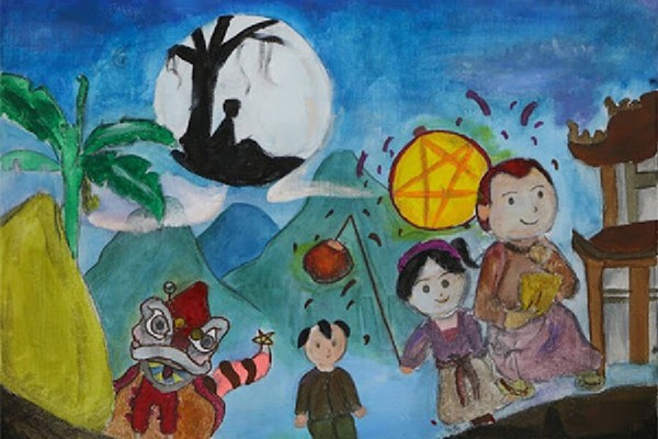 Tranh vẽ về trung thu xưa của những đứa trẻ miền quê Việt Nam 