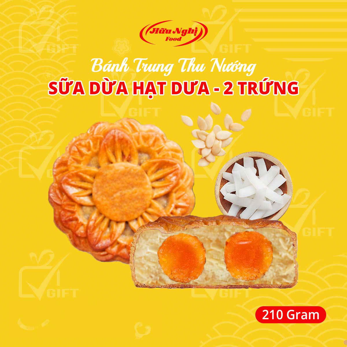 Banh Trung Thu Hữu Nghị Nướng Nhân Sữa Dừa Hạt Dưa 2 Trứng 210g Banh Trung Thu Hữu Nghị Nướng Nhân Sữa Dừa Hạt Dưa 2 Trứng 210g