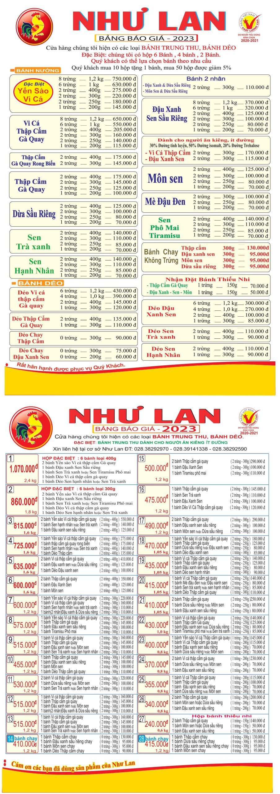 Bảng giá bánh trung thu Như Lan Bảng giá bánh trung thu Như Lan